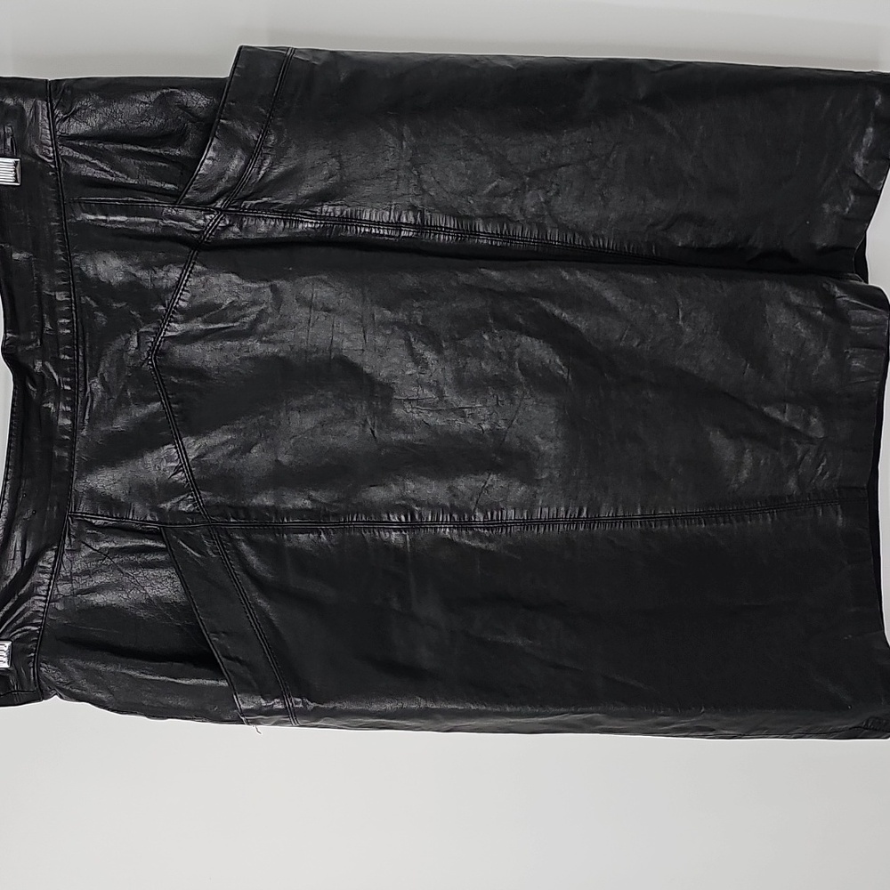 VTG Toffs Genuine Leather Black Midi Skirt w Deep Front Pockets & Back Slit Goth - Picture 6 of 9